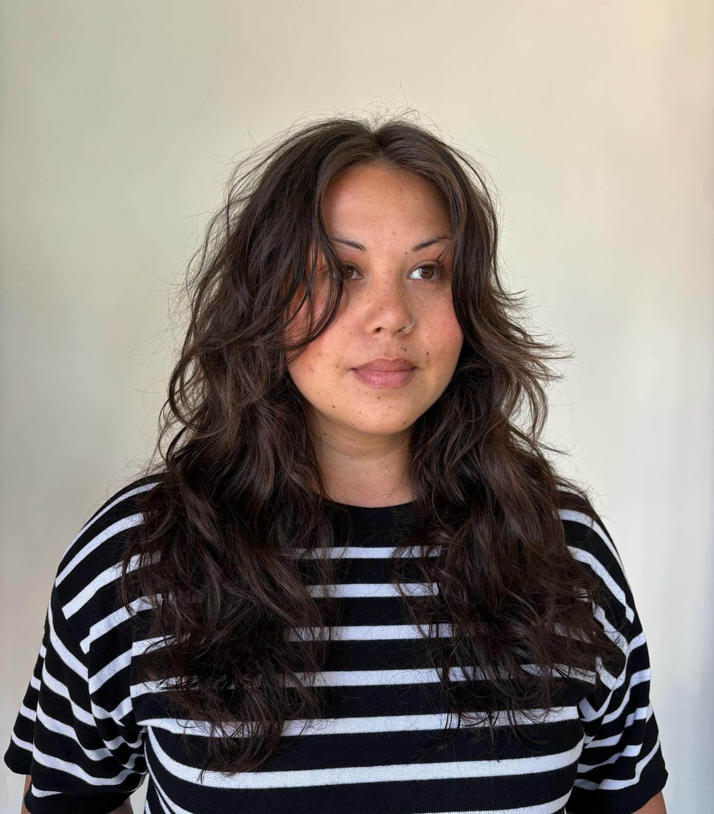 Dark Chestnut Waves with Interlaced Curtain Bangs