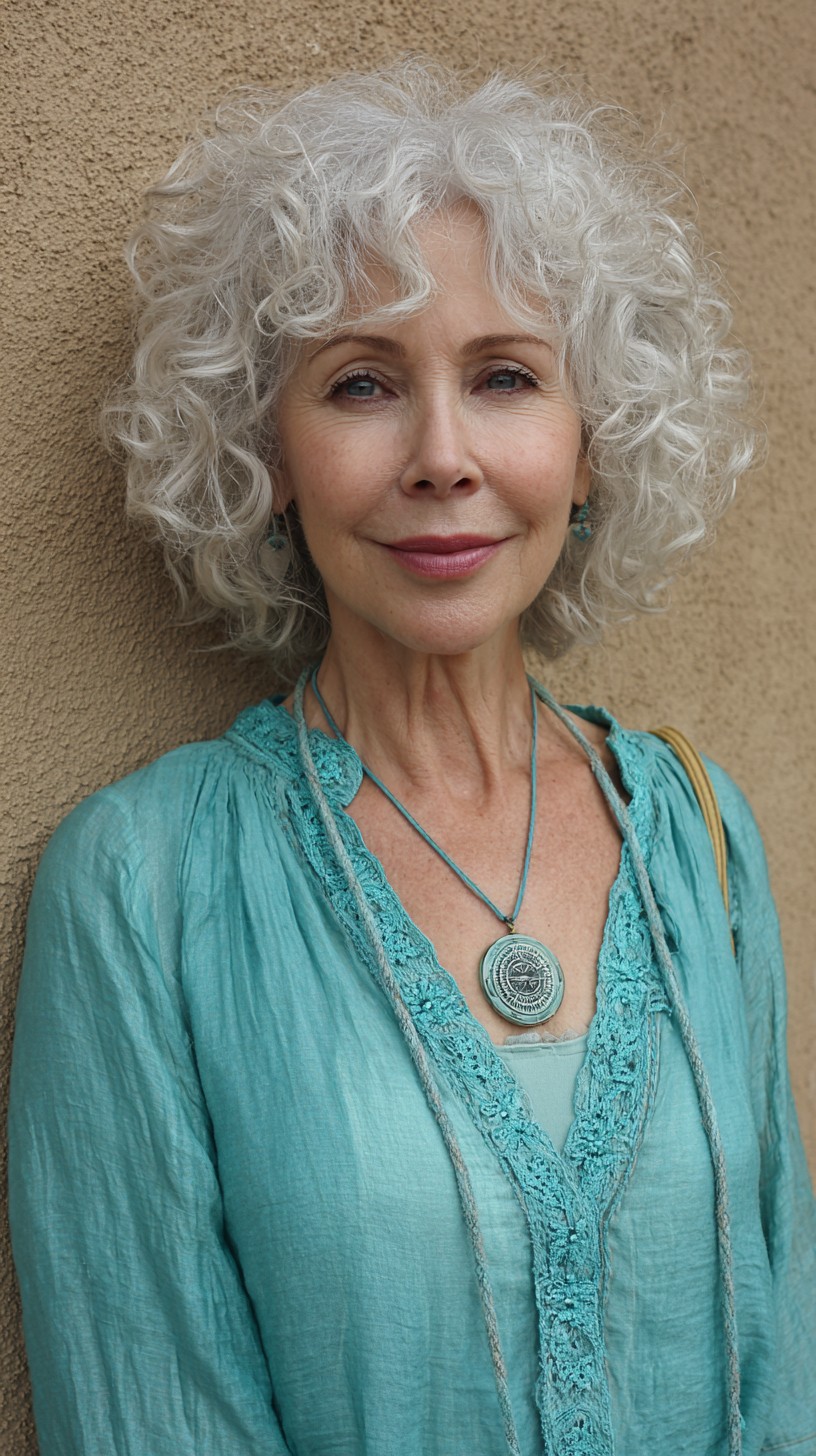 Effervescent Platinum Curly Bob with Soft Layering