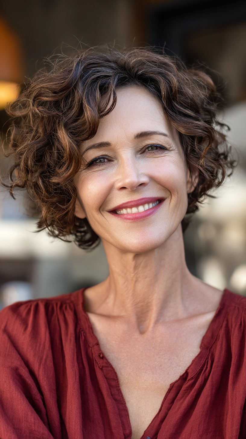 Elegant Bronzed Chestnut Curly Bob with Soft Contours