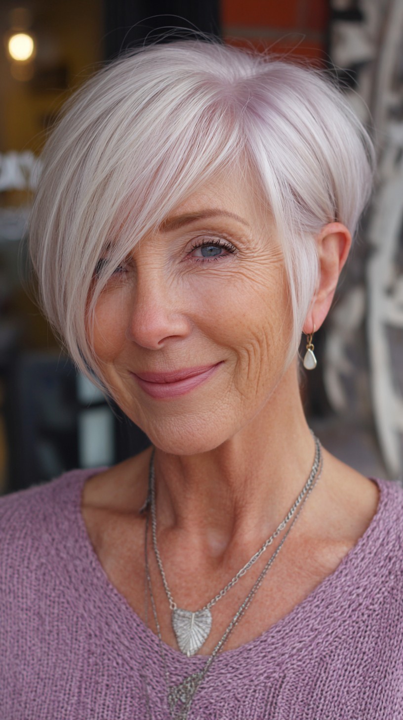 Feathery Platinum Layered Bob for Ageless Style