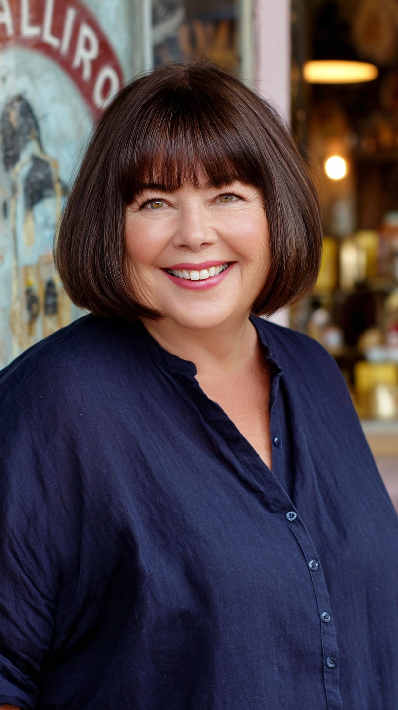 Glossy Chestnut Bob with Fringe for Round Faces