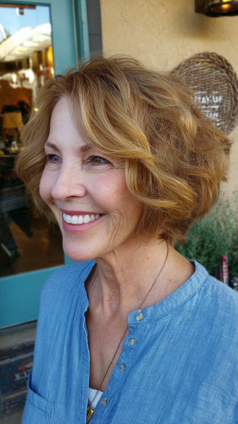 Golden Caramel Wavy Bob with Fluffy Texture