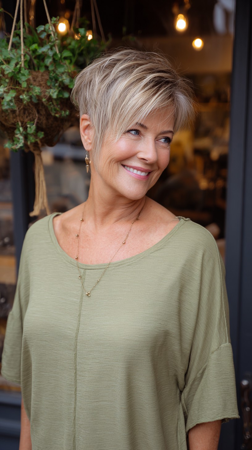 Graceful Ash Blonde Tapered Pixie with Side-Swept Bangs