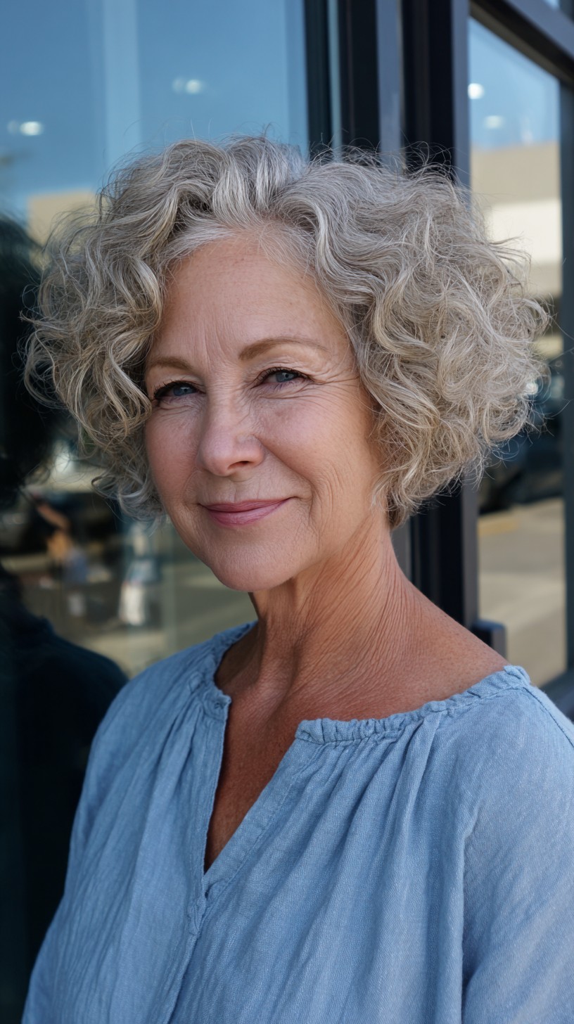 Graceful Platinum Curly Bob with Soft Layers