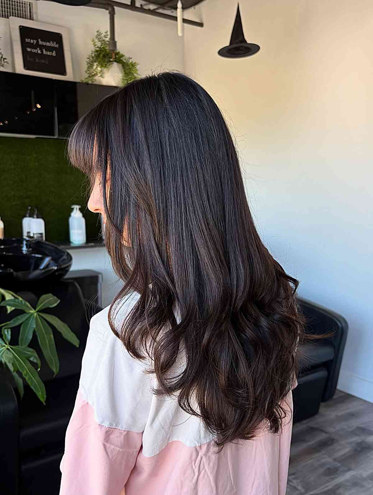 Long Layered Dark Brown Waves with Bangs