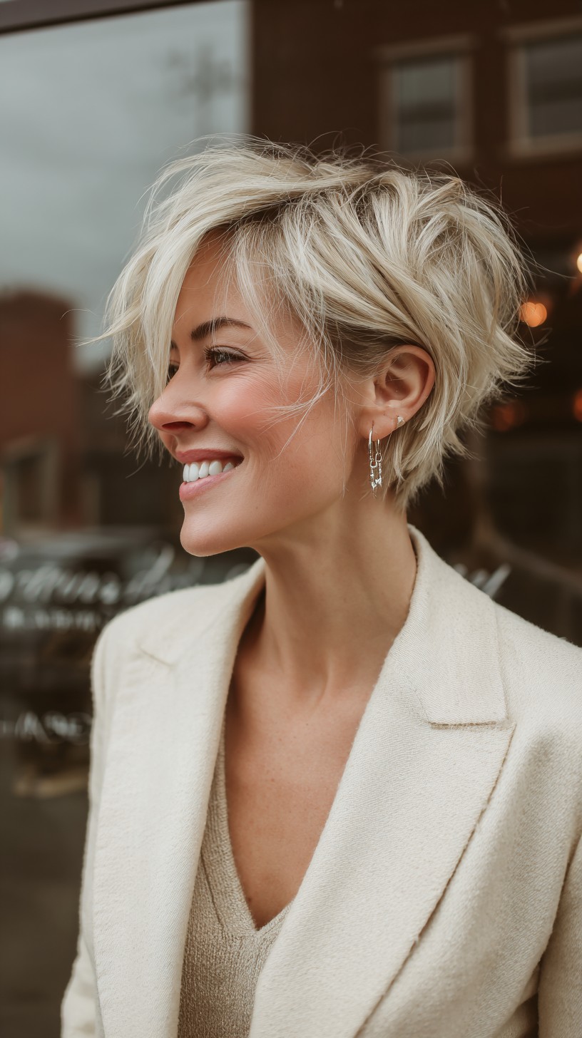 Modern Platinum Textured Pixie with Layered Waves