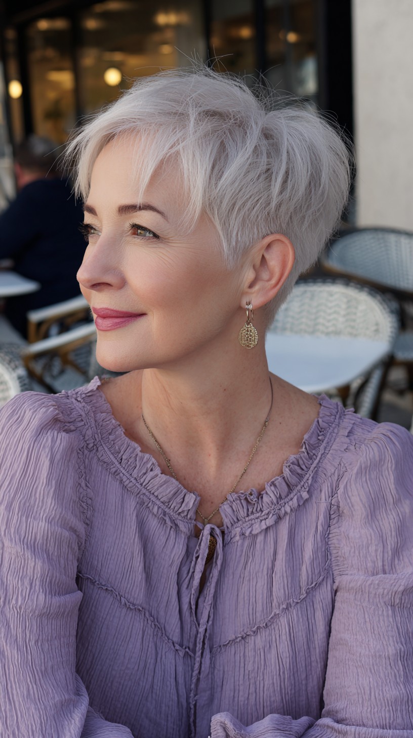 Platinum Textured Pixie with Angled Bangs