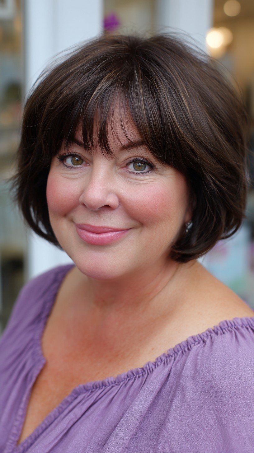 Precision-Cut Chestnut Bob with Feathered Bangs