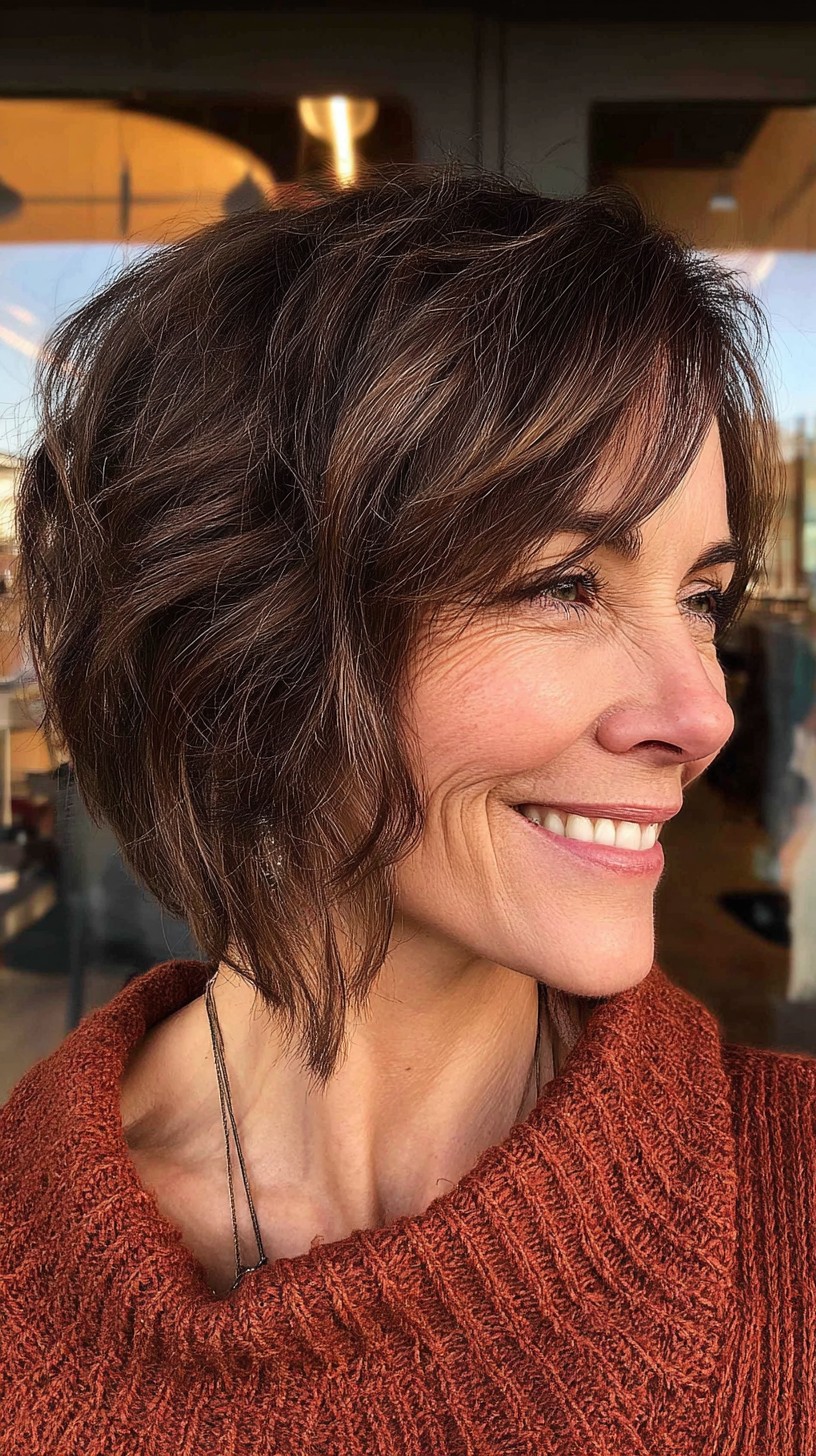 Rich Chestnut Tousled Bob with Natural Highlights