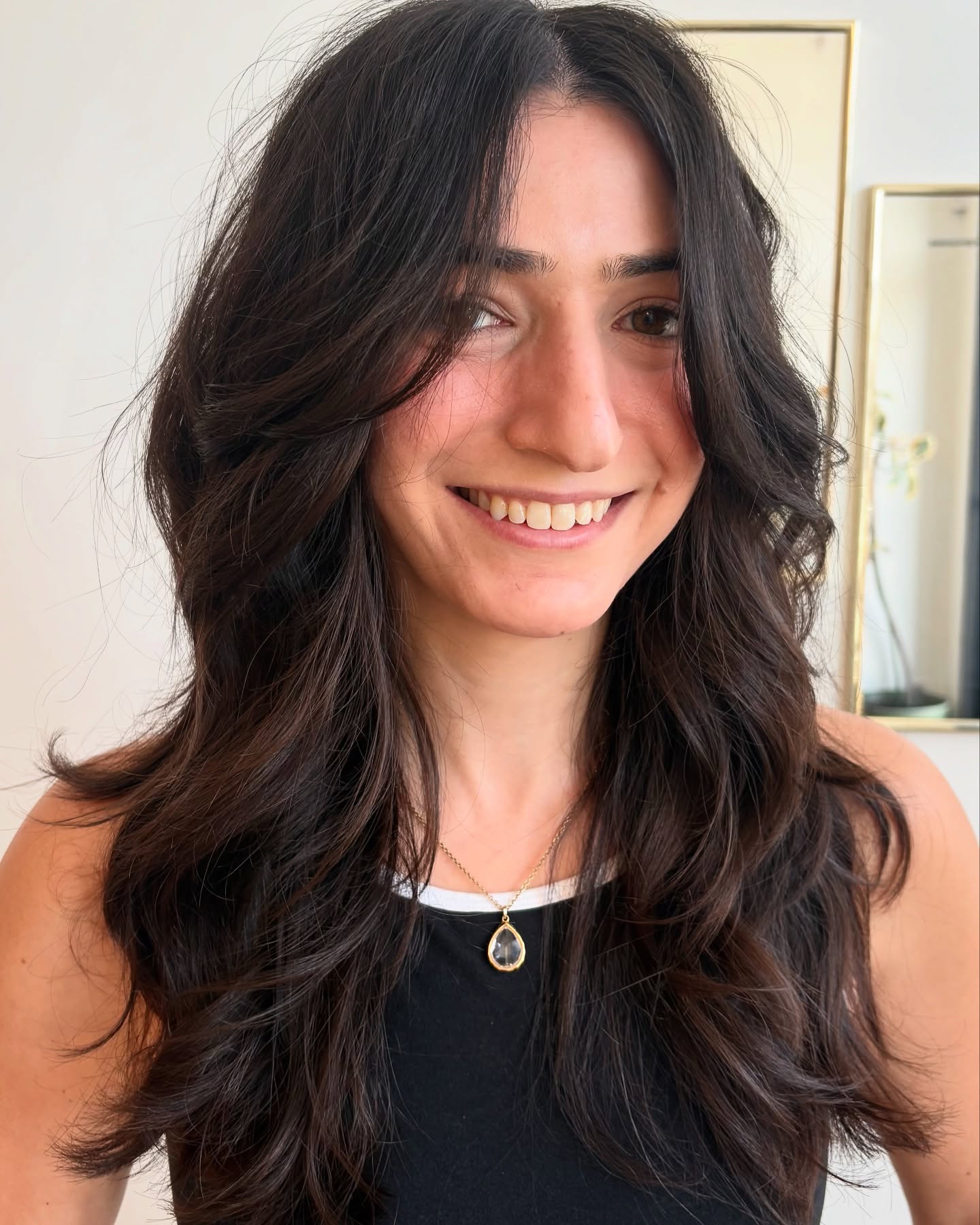 Rich Espresso Waves with Layered Curtain Bangs