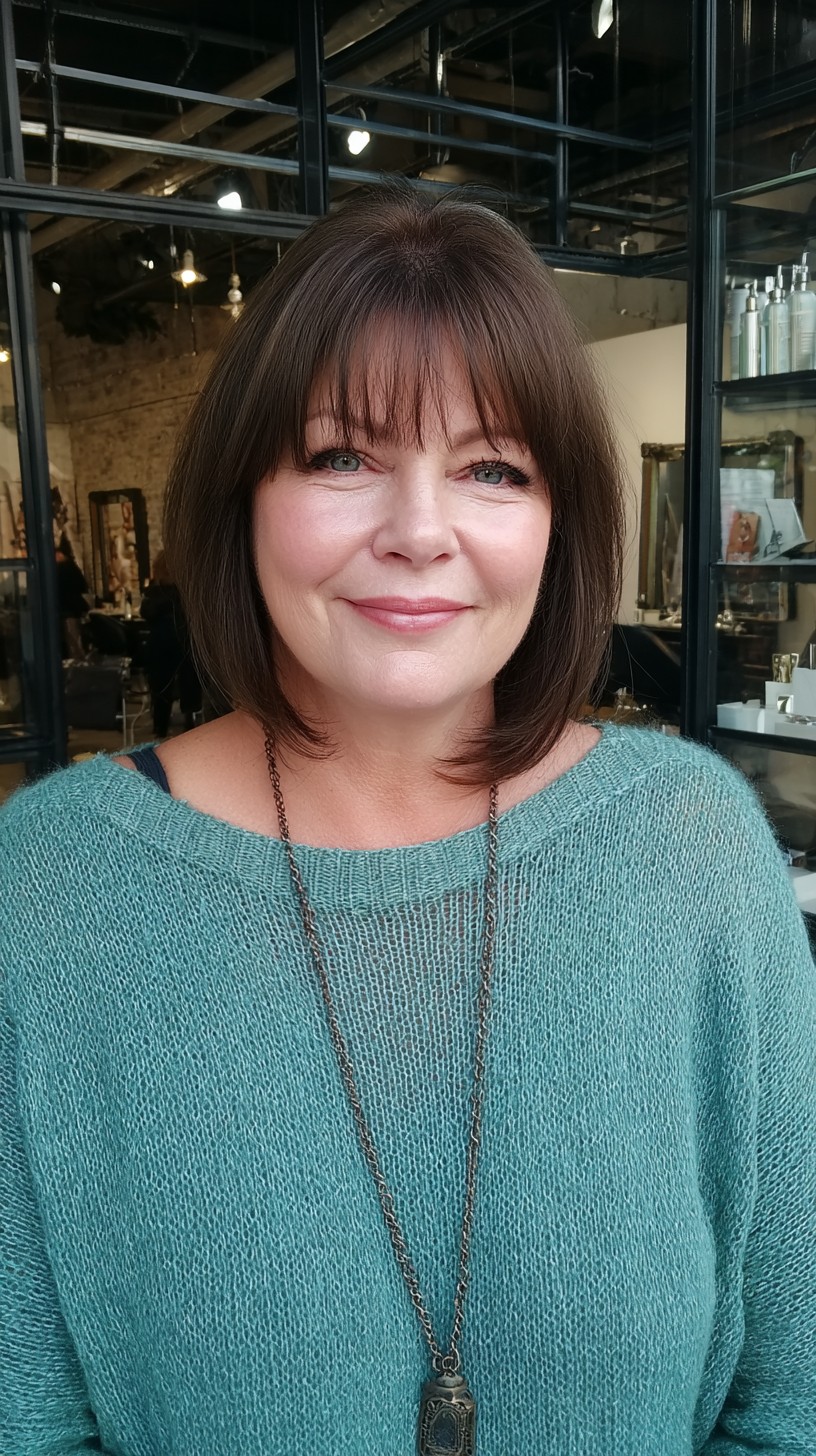 Sleek Espresso Bob with Soft Fringe for Mature Faces