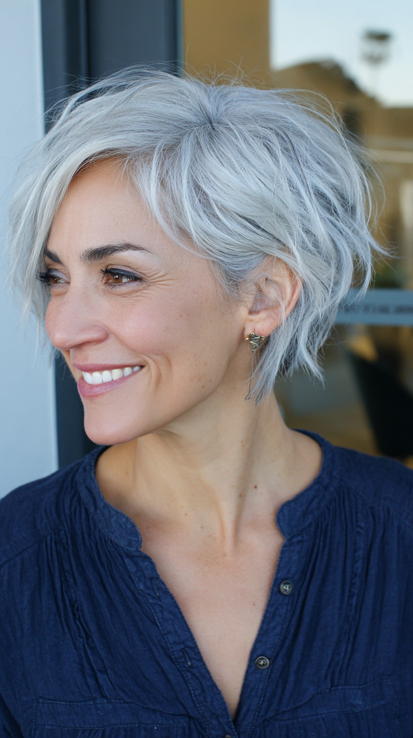Sleek Silver Layered Crop for Mature Women