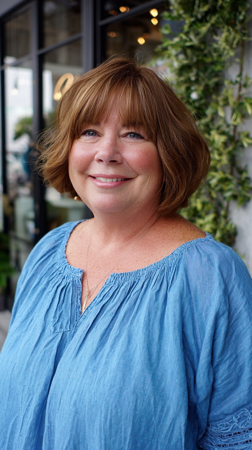 Soft Auburn Shoulder-Length Bob with Bangs