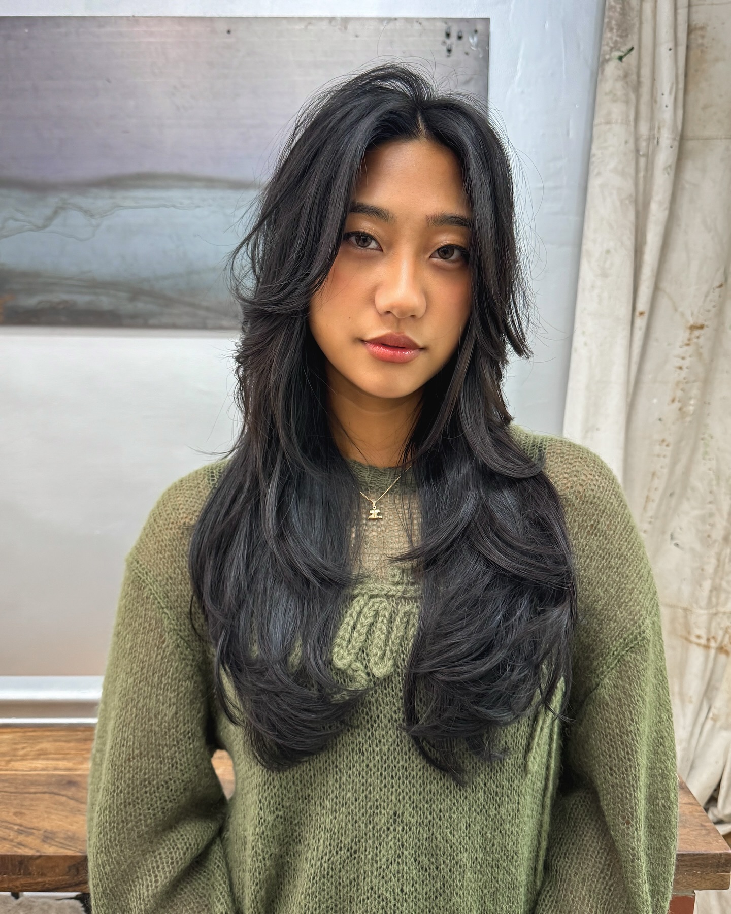 Softly Tousled Midnight Layers with Curtain Fringe