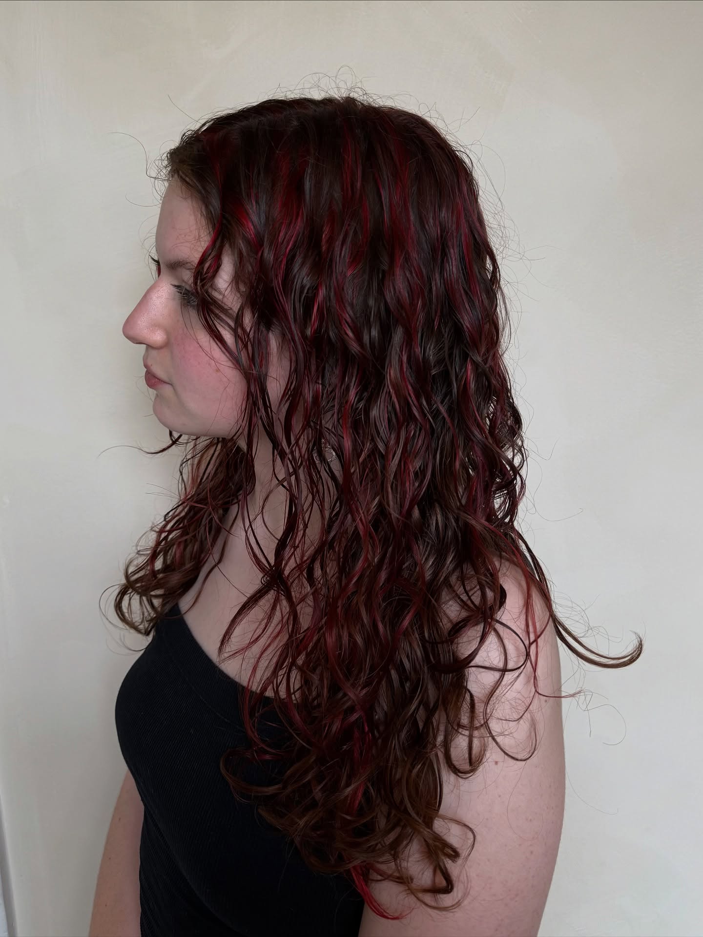 Textured Brown Waves with Bold Red Highlights