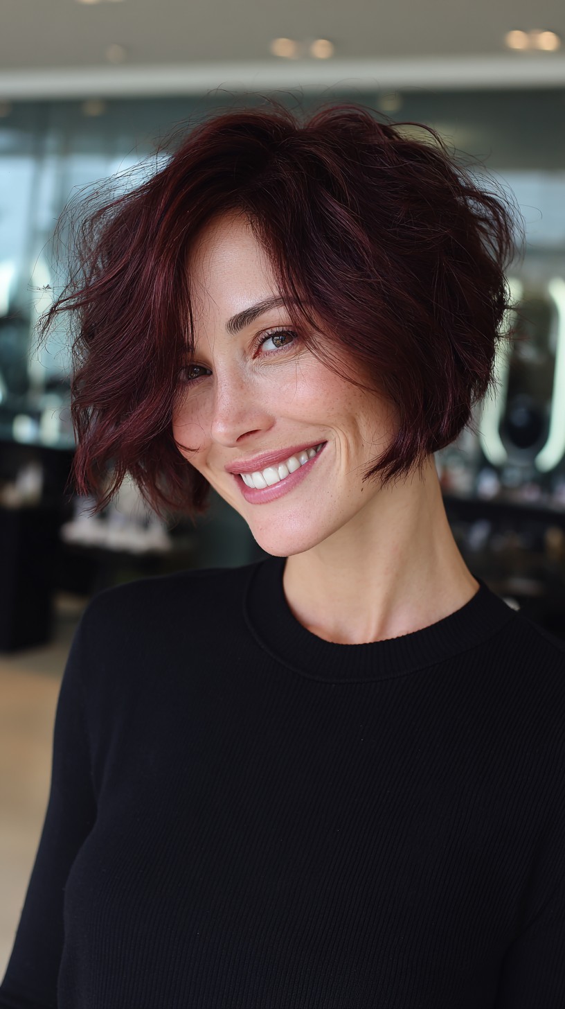 Vibrant Burgundy Textured Bob with Feathered Layers