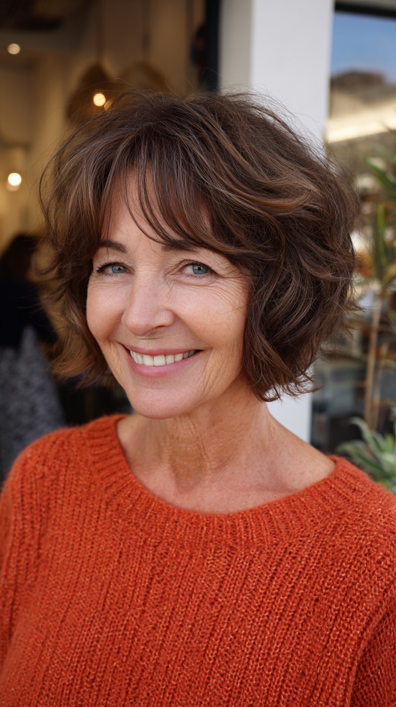 Voluminous Chestnut Curls with Playful Fringe
