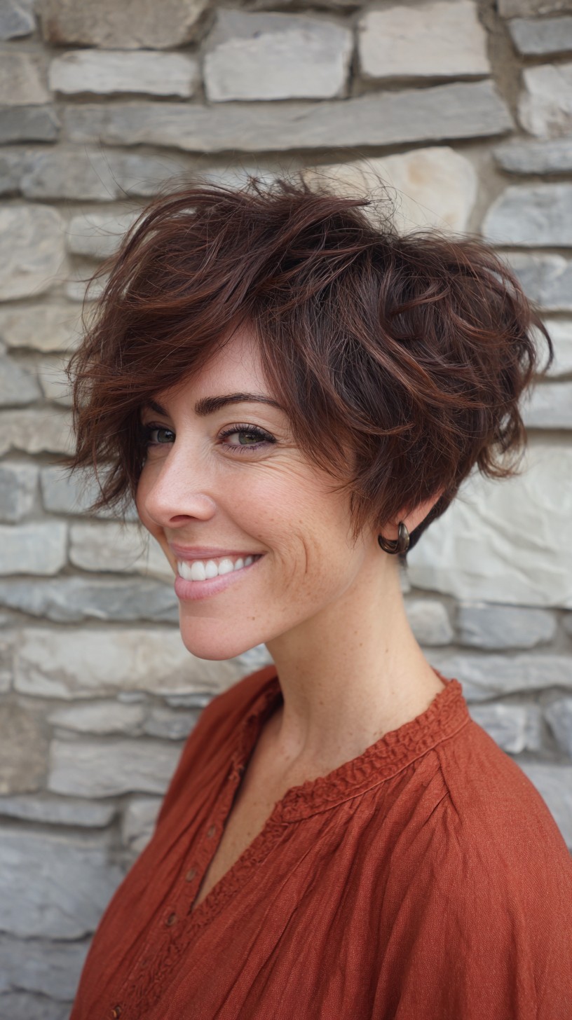 Warm Auburn Tousled Pixie with Fringe Volume