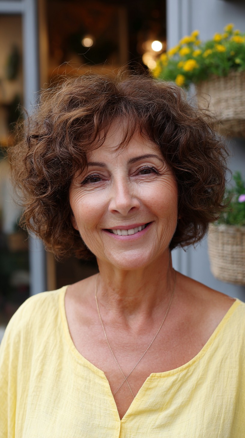 Whimsical Chestnut Curly Bob with Delicate Highlights