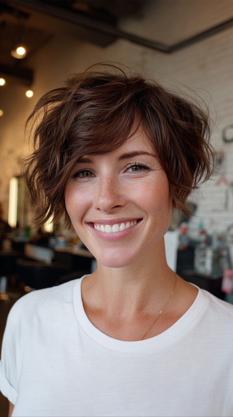 Whimsical Chestnut Tousled Bob with Defined Fringe