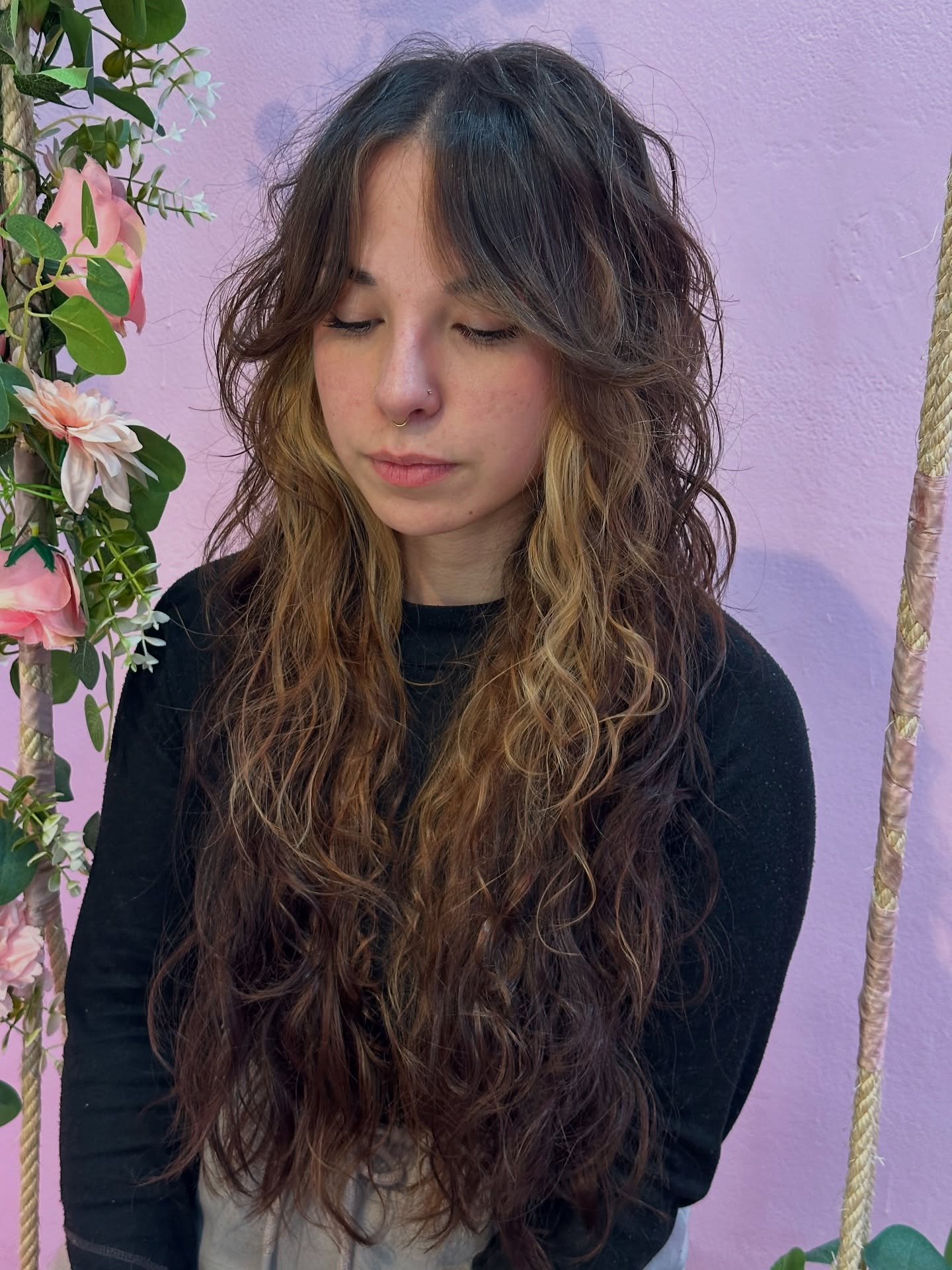 Windswept Caramel Shag with Feathered Curtain Bangs