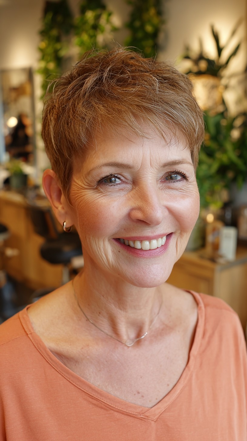 Bright Copper Layered Pixie for Lively Seniors