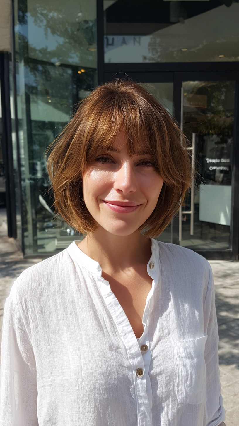 Caramel Toffee Layered Bob with Curtain Bangs