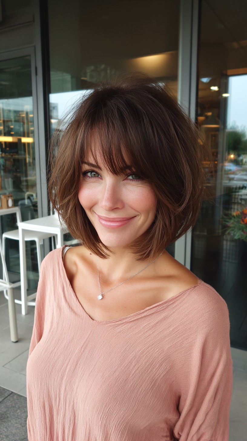 Charming Chestnut Layered Bob with Soft Bangs