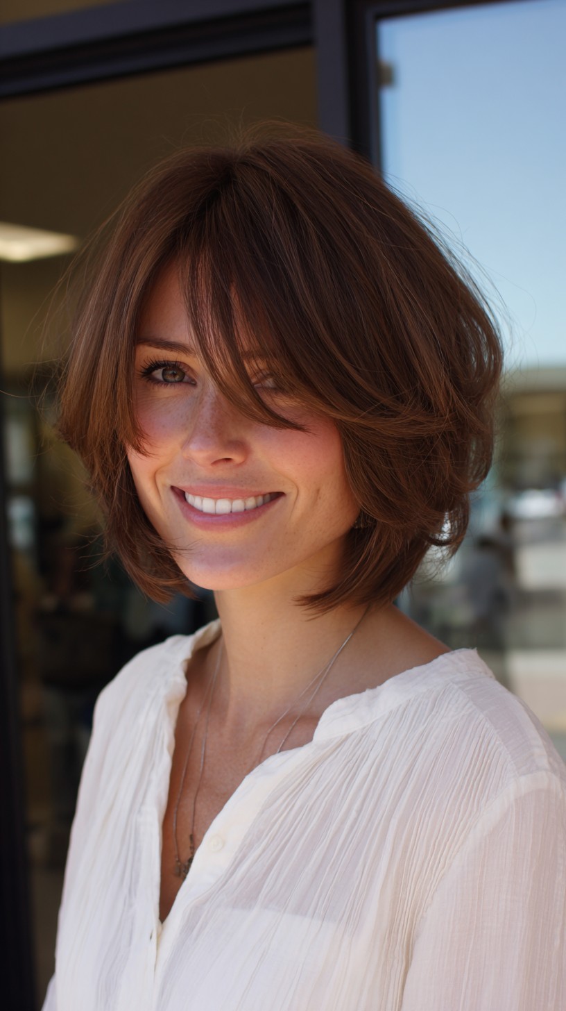 Chestnut Brown Textured Bob with Feathered Bangs