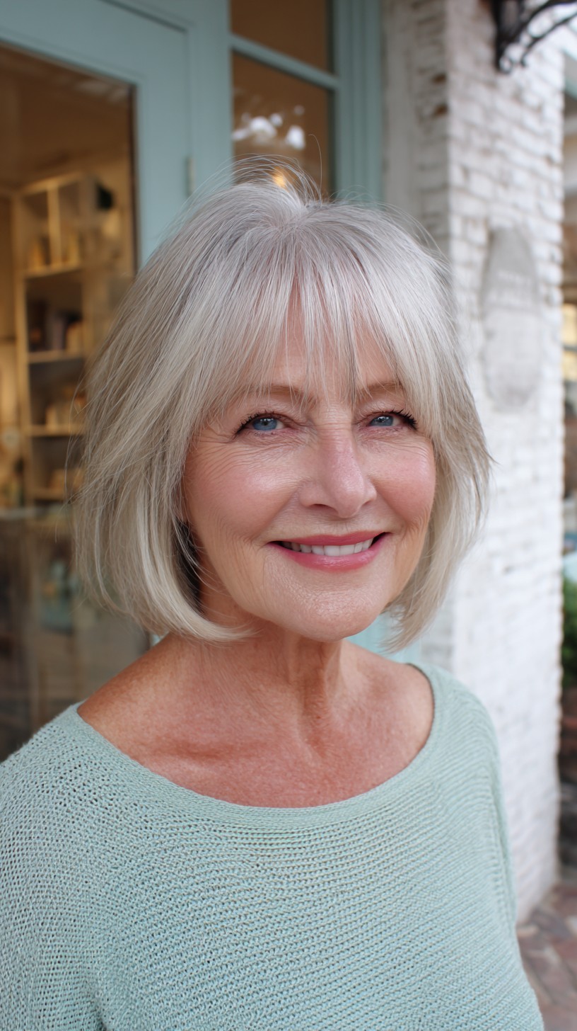 Classic Ash Blonde Layered Bob with Natural Gray Blending