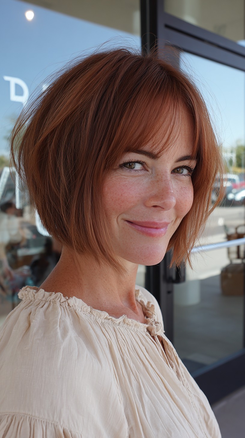 Copper-Red Feathered Bob with Soft Bangs