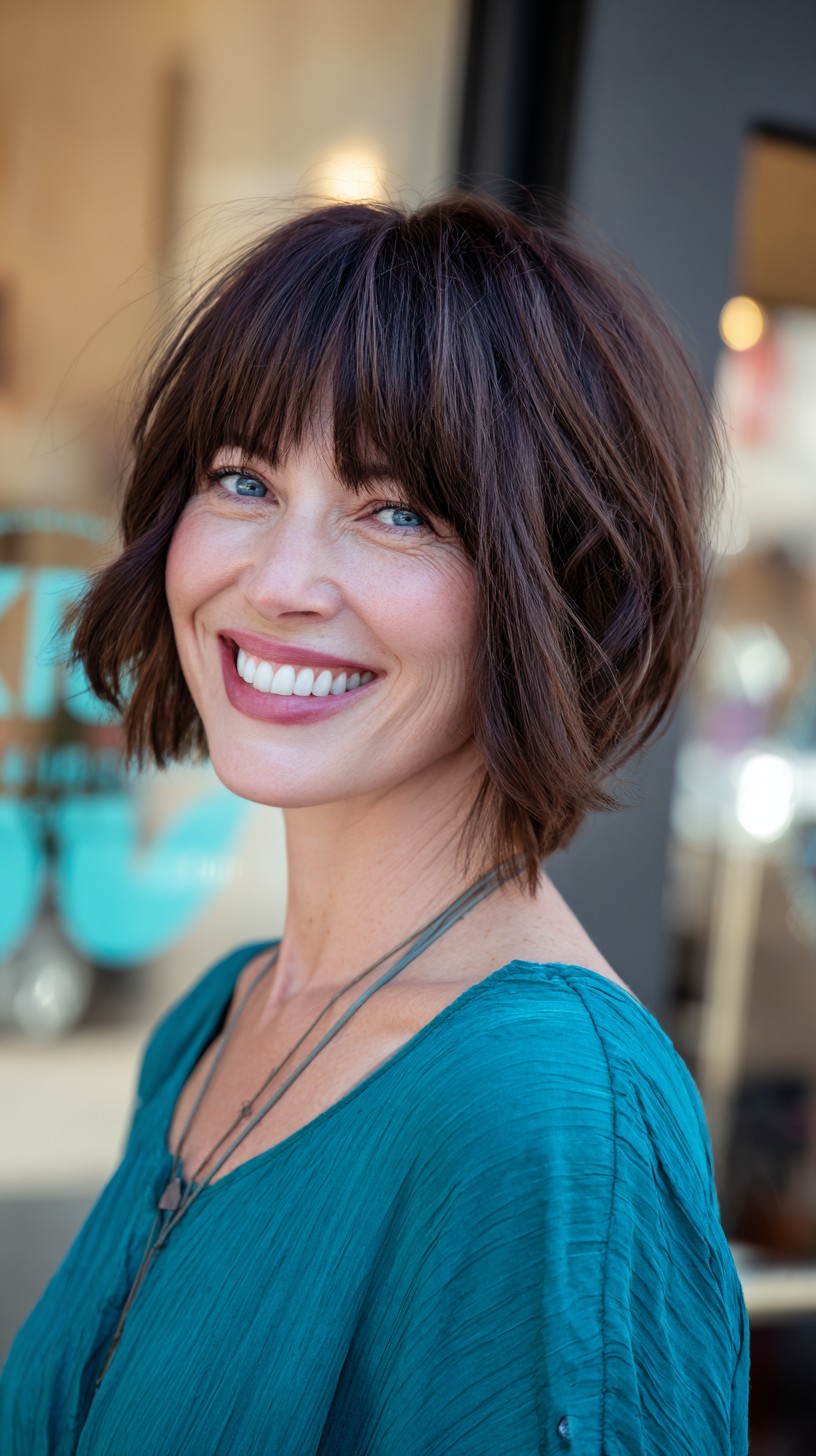 Dynamic Espresso Tousled Bob with Piecey Bangs