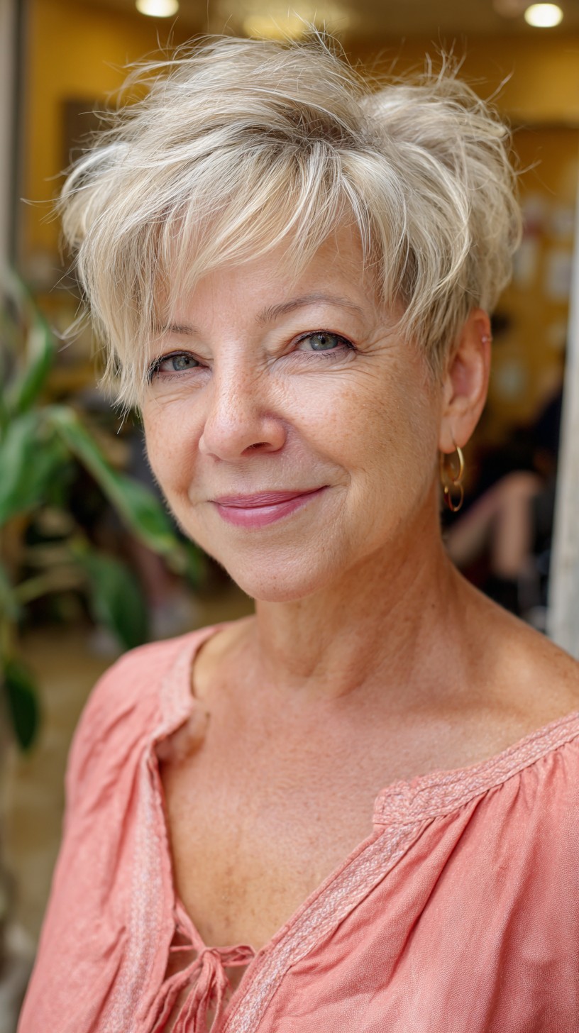 Fluffy Blonde Tousled Pixie with Natural Highlights