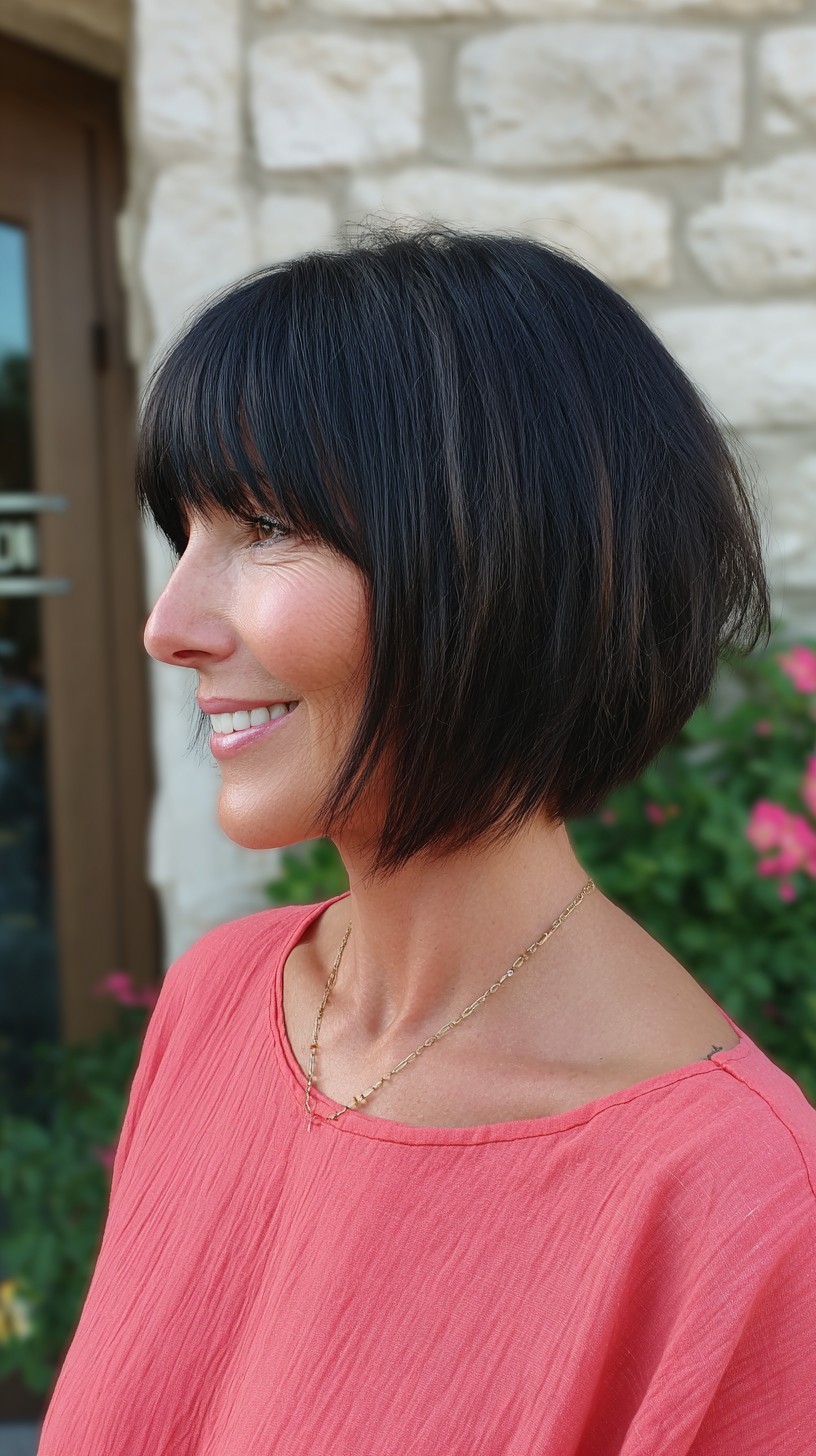 Glossy Black Angled Bob with Full Fringe
