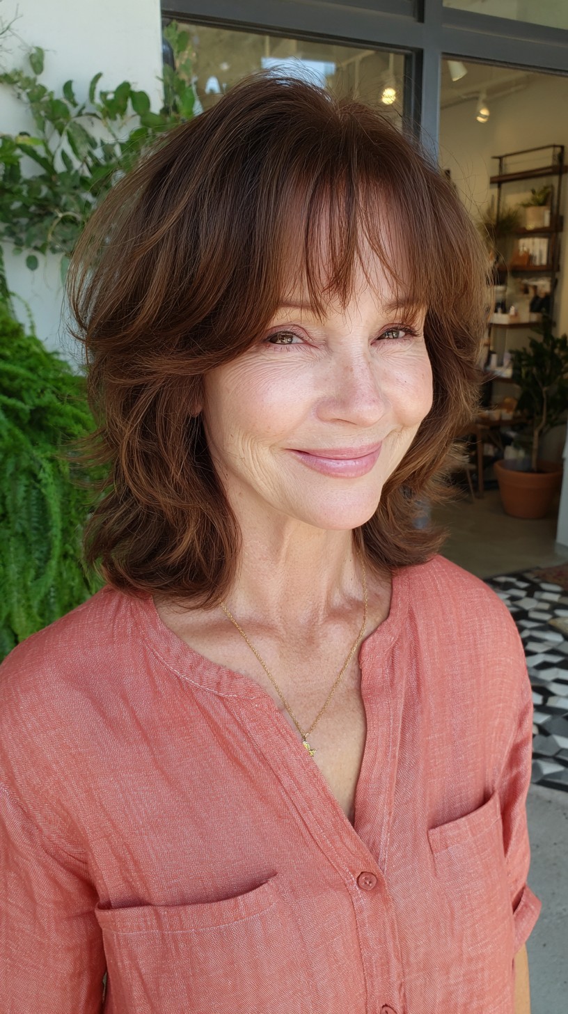 Luminous Chestnut Waves with Gentle Bangs