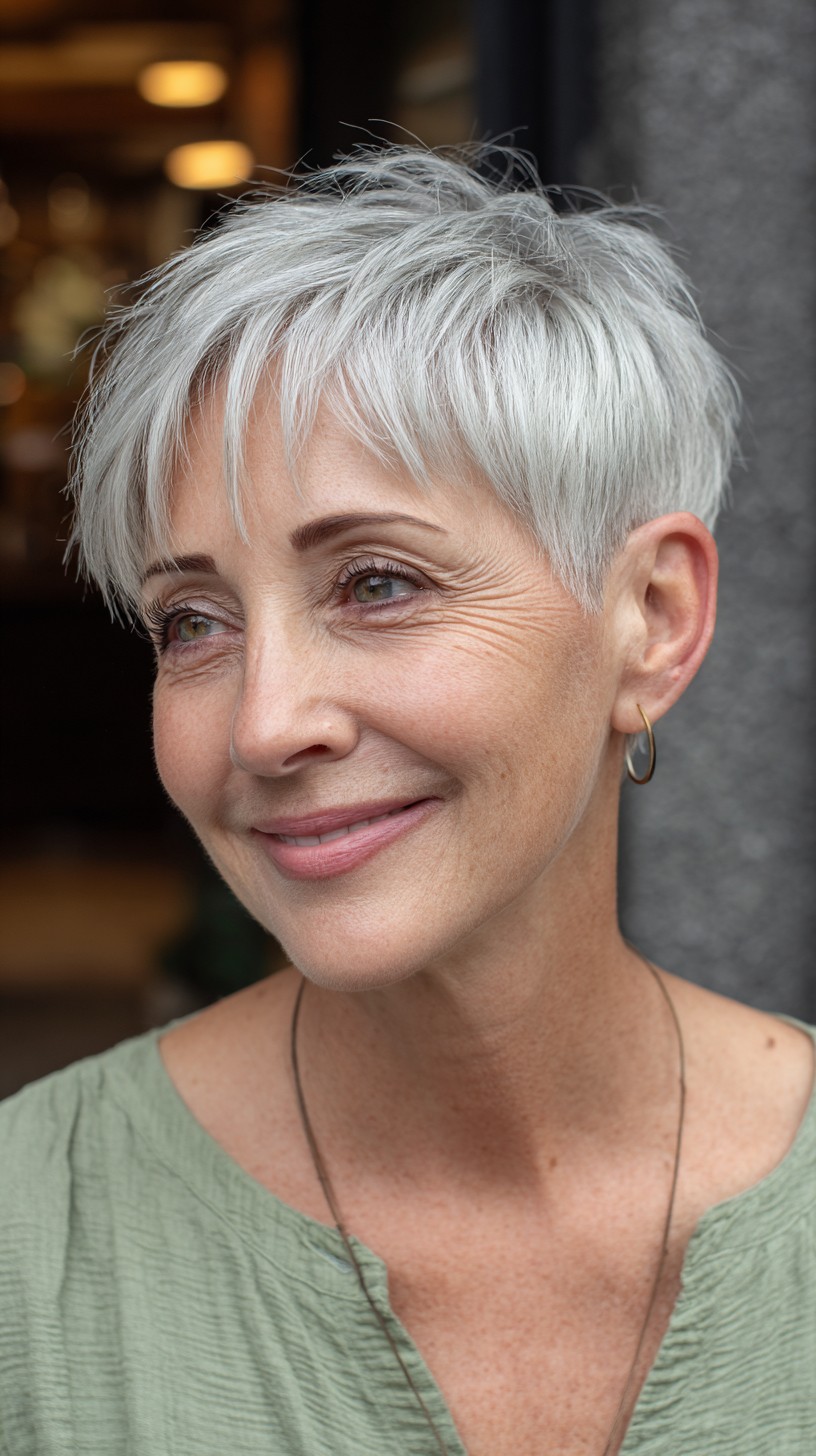 Modern Silver Layered Pixie for Vibrant Maturity