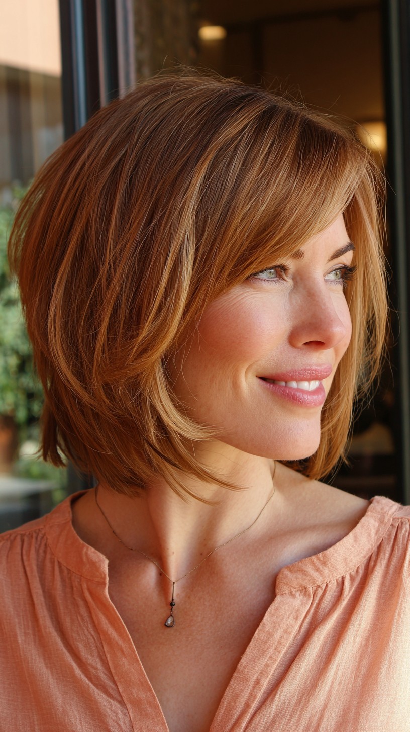Refined Caramel Layered Bob with Precision Bangs