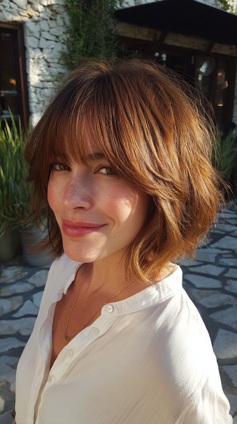 Rich Auburn Layered Bob with Full Bangs