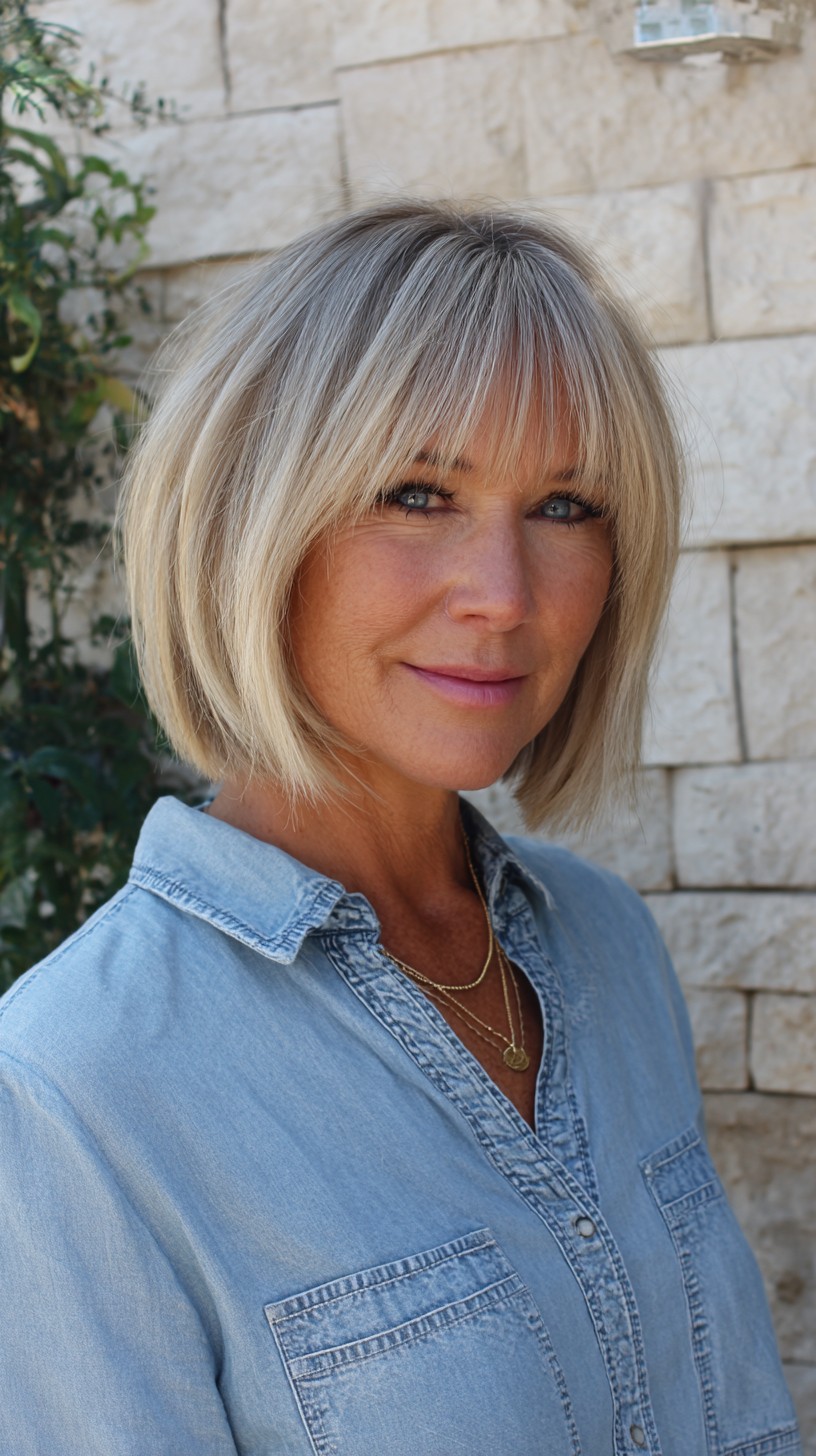 Sleek Silver Layered Bob with Transparent Bangs