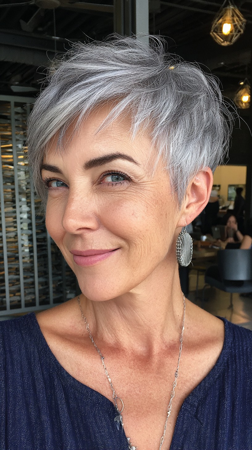 Sleek Silver Layered Pixie for Mature Fine Hair