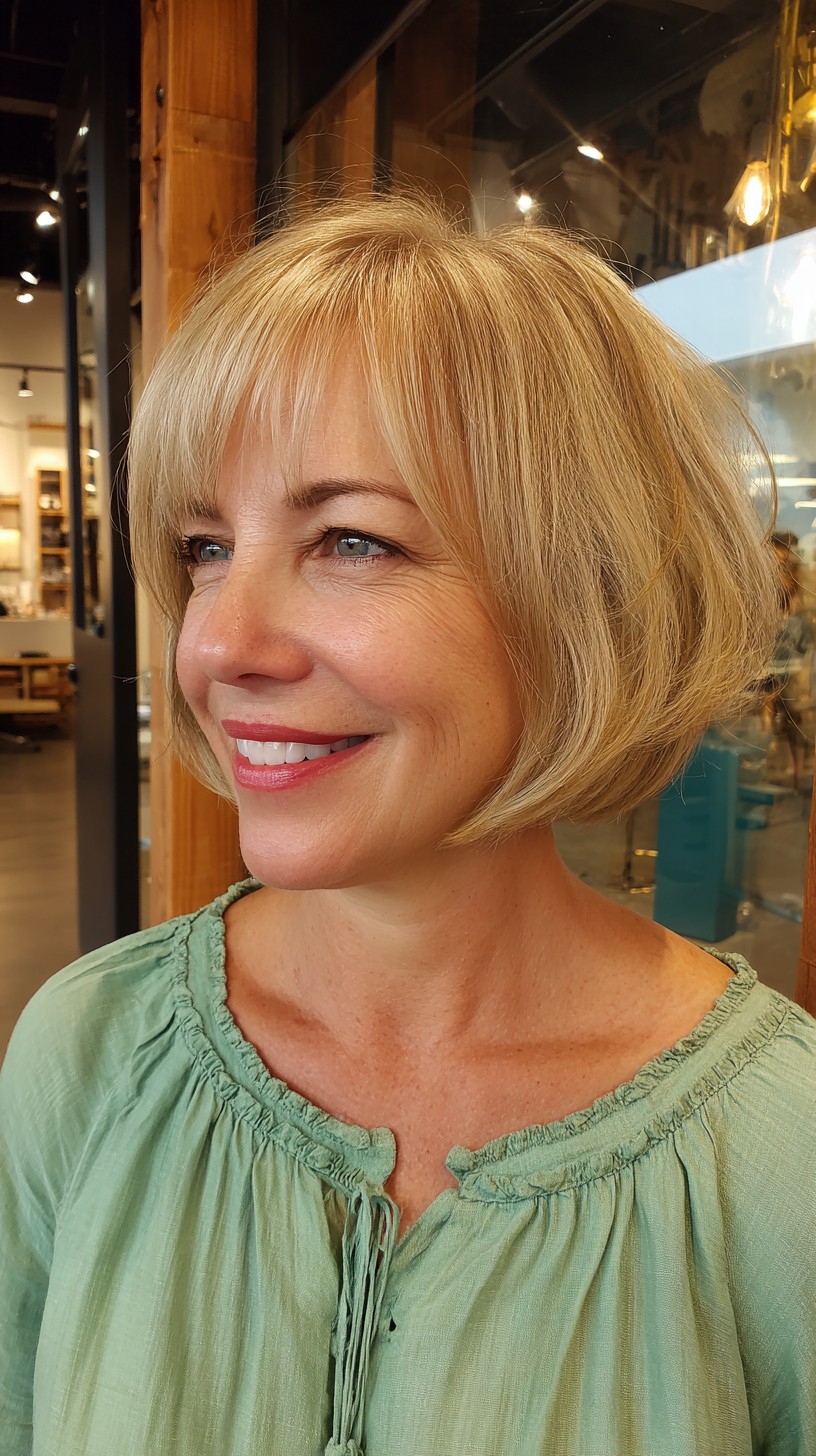 Soft Blonde Layered Bob with Light Bangs
