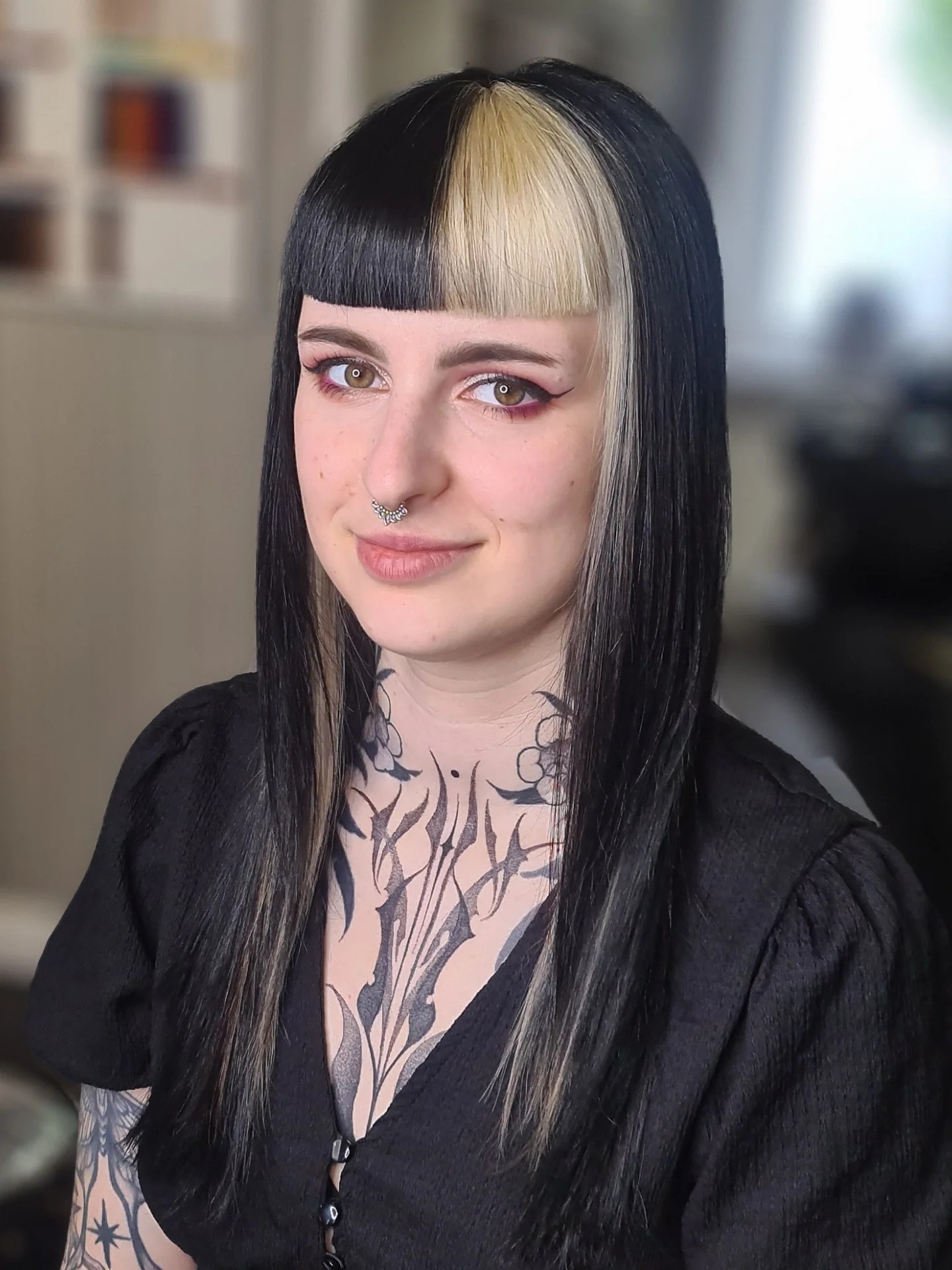 Stark Contrast Duo-Tone Bangs with Smooth Long Layers