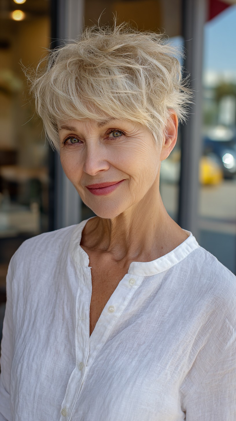 Stylish Ash Blonde Layered Pixie for Senior Women