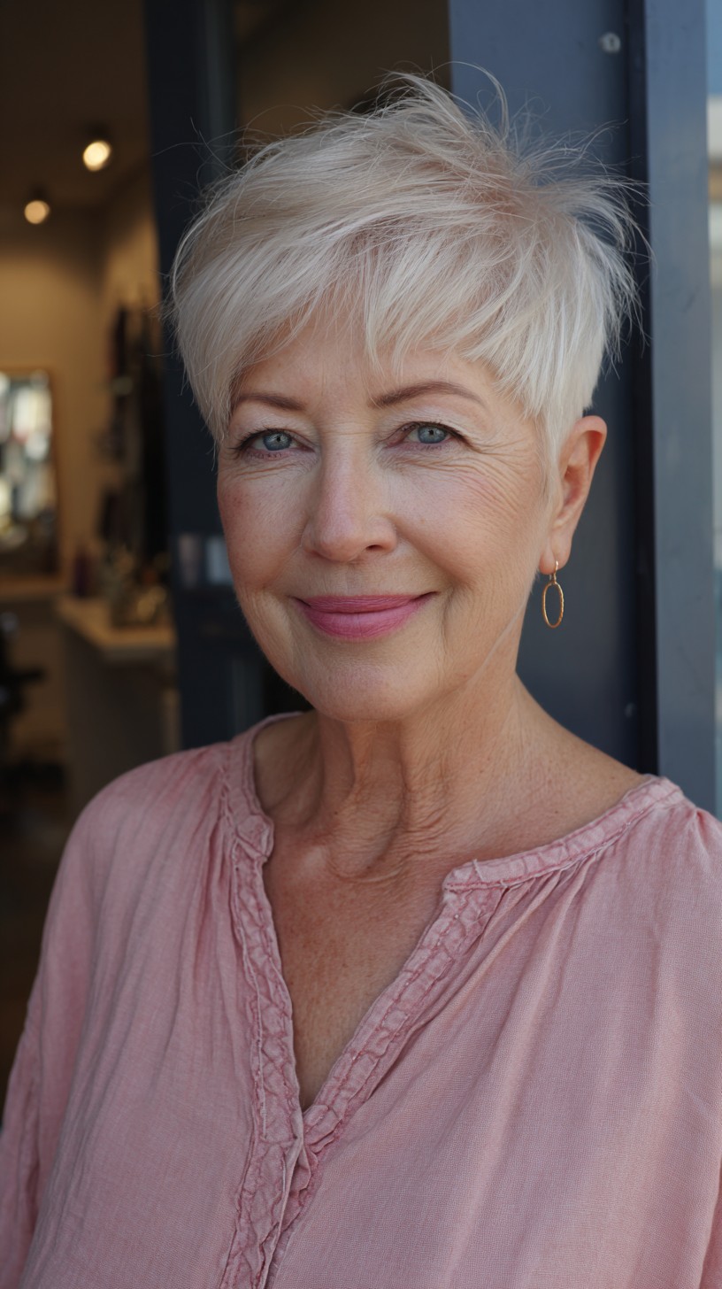 Subtle Ash Blonde Layered Pixie for Fine Hair