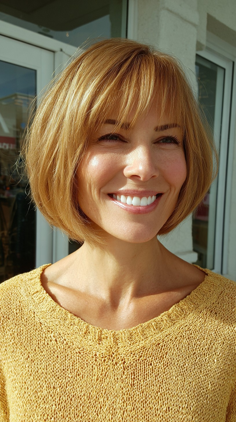 Sun-Kissed Golden Layered Bob with Soft Fringe
