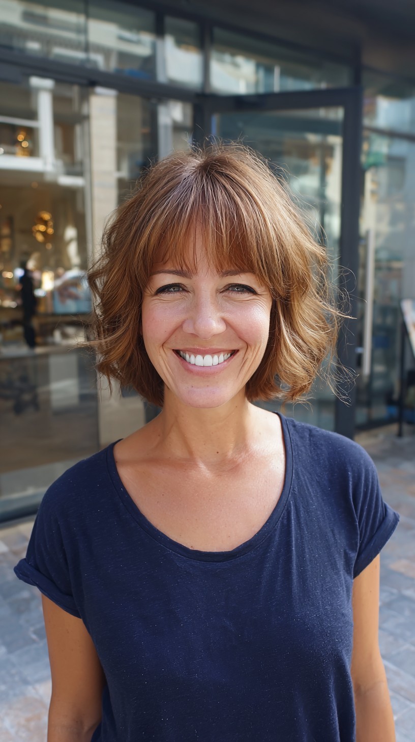 Sunlit-Caramel Wavy Bob with Textured Bangs