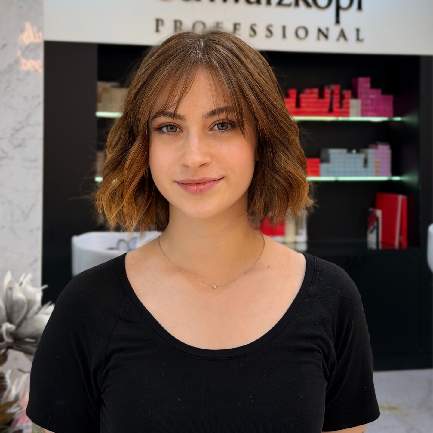 Textured Caramel Midi Bob with Soft Fringe