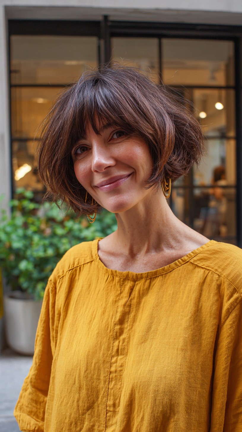 Textured Chestnut Bob with Feathered Bangs