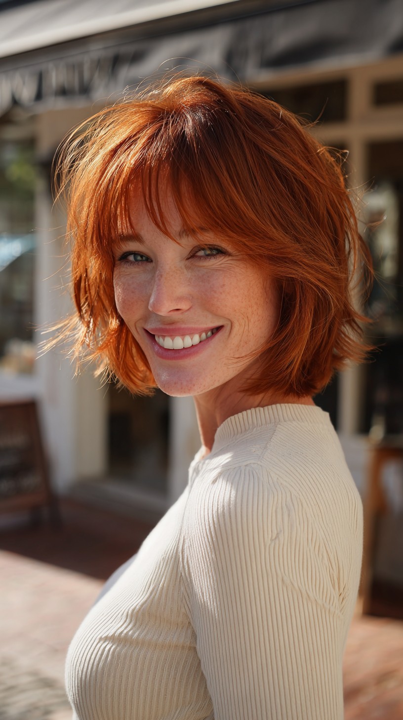 Vibrant Copper Layered Bob with Wispy Bangs