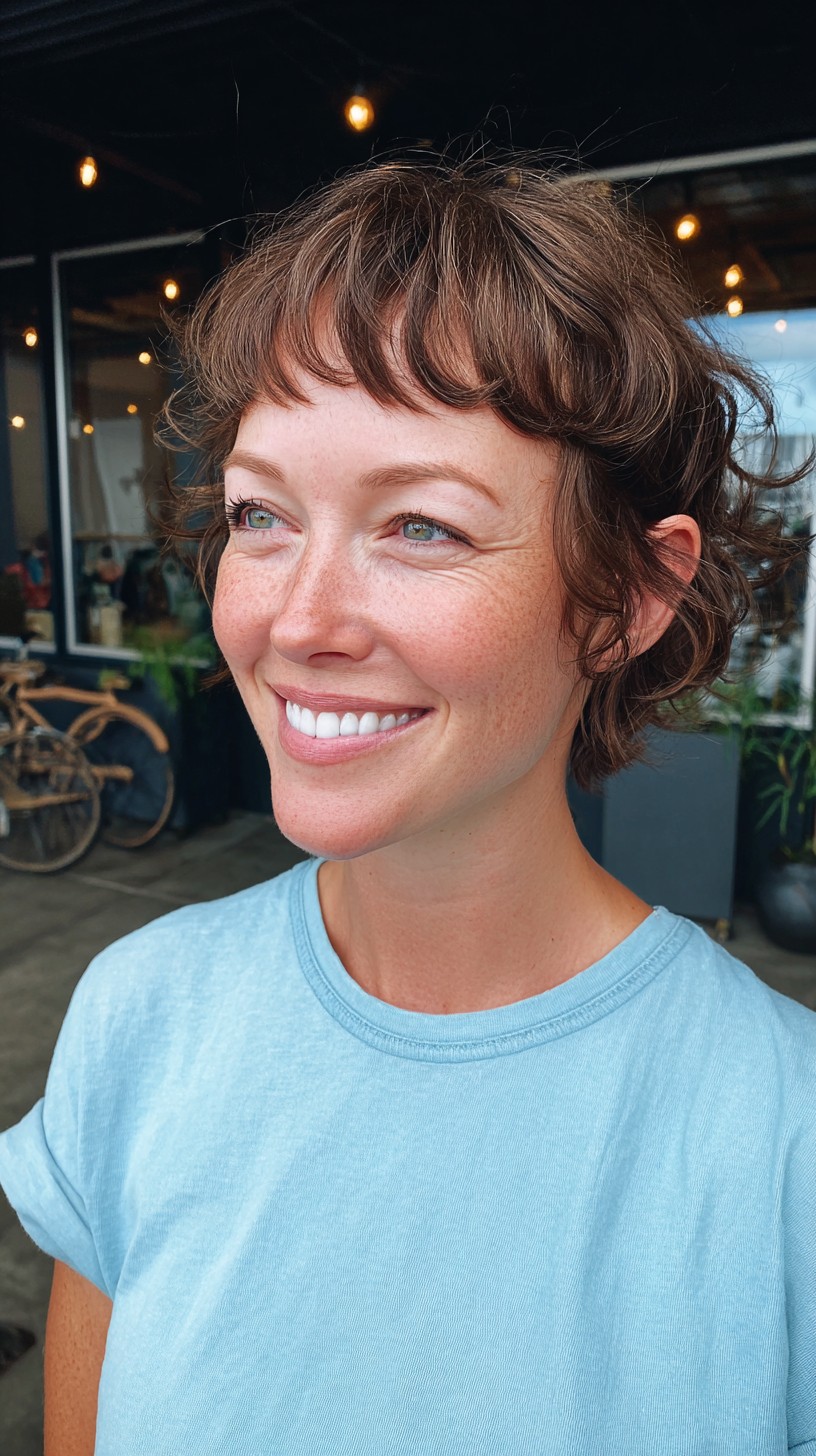 Charming Chestnut Curled Bob with Bangs